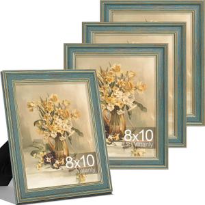 Vittanly 8x10 Picture Frames Set of 4, Vintage Photo Frames, Blue | Display 5x7 Pictures with Mat or 8x10 without Mat, Rustic Frames Covered by Plexiglass, Wall & Tabletop Farmhouse Home Decor