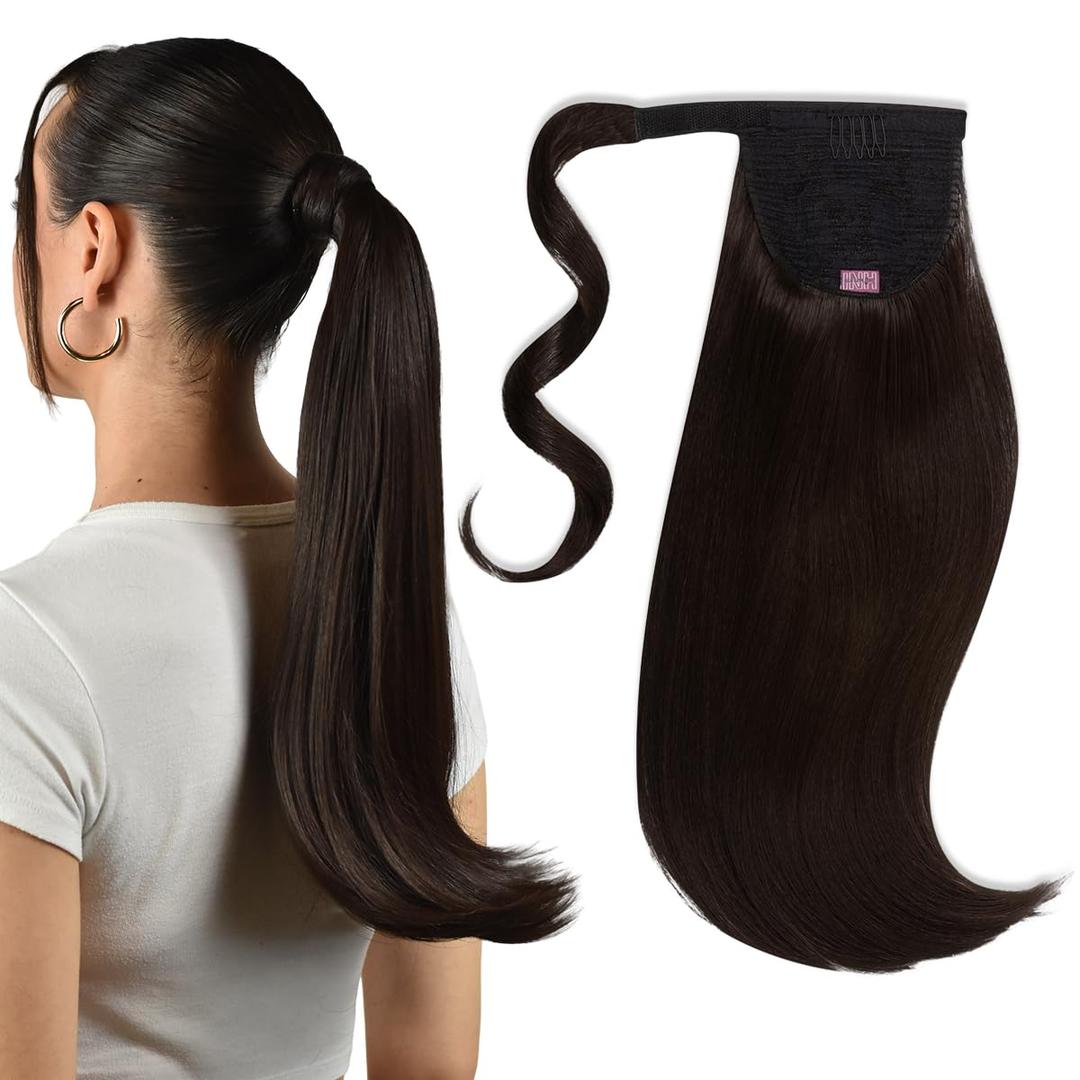 INH Hair Lola Ponytail Extension - Dark Brown | Lola 17 inch Clip in Straight Pony with Swoop, Secure Comb Base and Wrap Around Design, Mid-length for Women, Lightweight Vegan Synthetic Hair