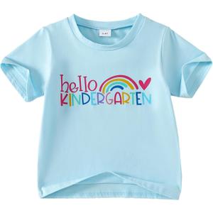 Toddler Girl Back to School Outfit Hello Kindergarten Short Sleeve T-Shirt First Day of School Tops (Blue)