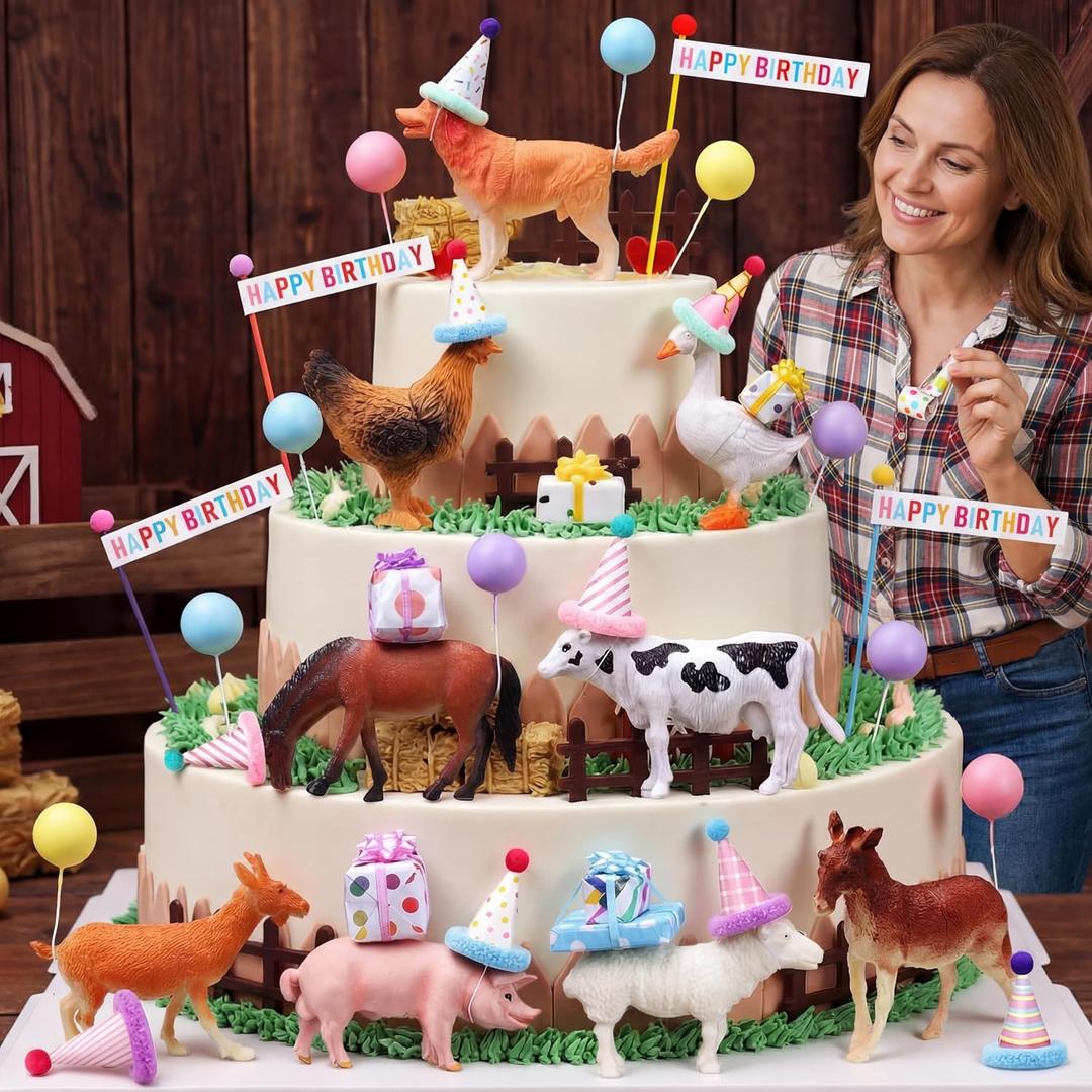 Weysat 37 Pcs Farm Animal Birthday Party Decorations, Farm Cake cupcake Toppers with Mini Hats Miniature Flags Gift Boxes Balls Bows Figure Models for Farmhouse Birthday Party Decor Supplies Adults