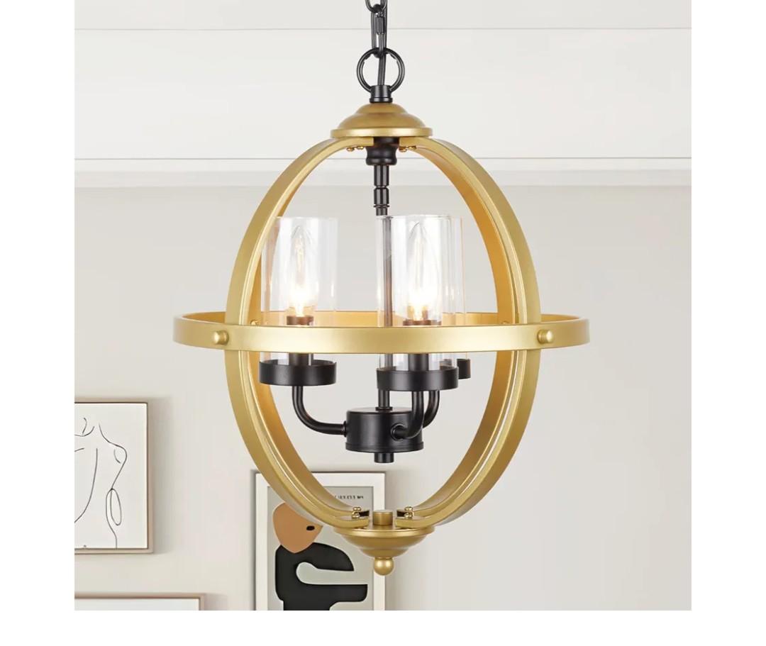 Treekee Chandelier Farmhouse Hanging Lighting, 4-Light Globe Orb Chandelier, Adjustable Modern Pendant Light Fixture for Dining Entryway Foyer, Black and Gold Finish