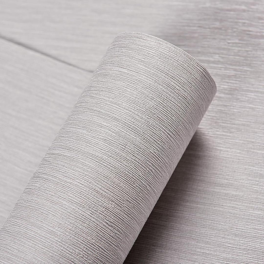 Haimin Grasscloth Wallpaper Peel and Stick 20.9in X 393in Fabric Contact Paper Wall Paper Textured Wallpaper Vertical Stripes Look Self-Adhesive Thick Vinyl Embossed Film (Light Grey-2)