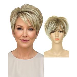 QUEENTAS Short Wigs for White Women Pixie Layered Short Pixie Cut Wig Synthetic Hair Wigs with Bangs(Blonde Mixed Brown)