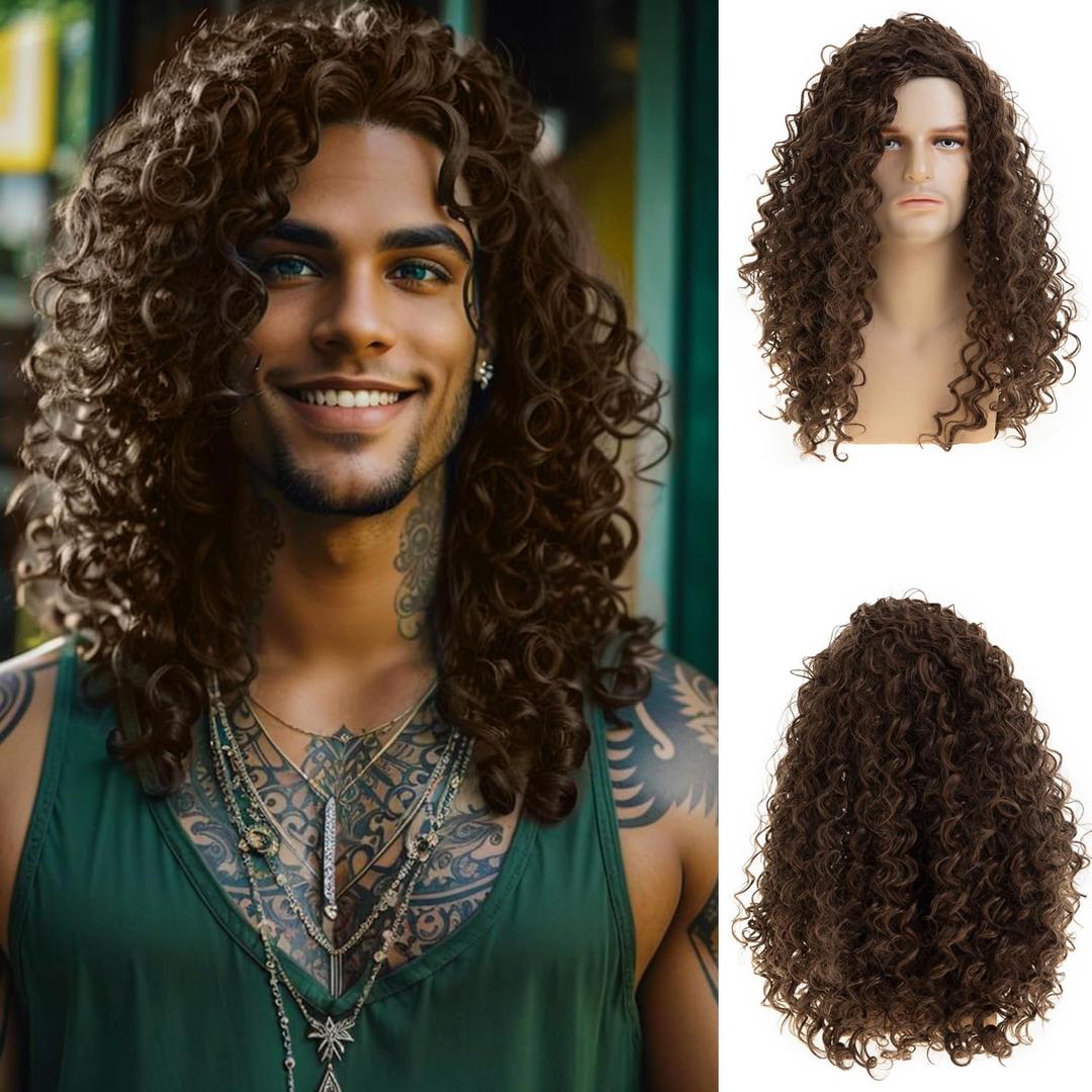 Long Curly Brown Wigs for Men Halloween Costume Party Wig