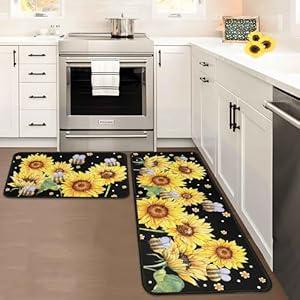 Farmhouse Mushroom Butterfly Kitchen Rugs and Mats Set of 2, Seasonal Washable Non-Slip Floor Mats for Home Kitchen Decor 17"x47"+17"x30" Black