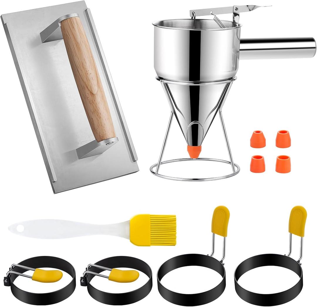 7 Pcs Griddle Breakfast Kit for Blackstone - Pancake Batter Dispenser for Griddle, Grill Press for Bacon, 4 Egg Rings/Pancake Molds, Basting Brush Compatible with Blackstone Griddles