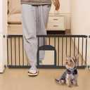 No Pawblems Dog Gate with Small Pet Door, 16"-42.7" Adjustable Metal Short Dog Gate to Step Over, 16.5" Tall, with 3 Extension Kits, Pressure Mounted, for Doorways & Stairs, Black
