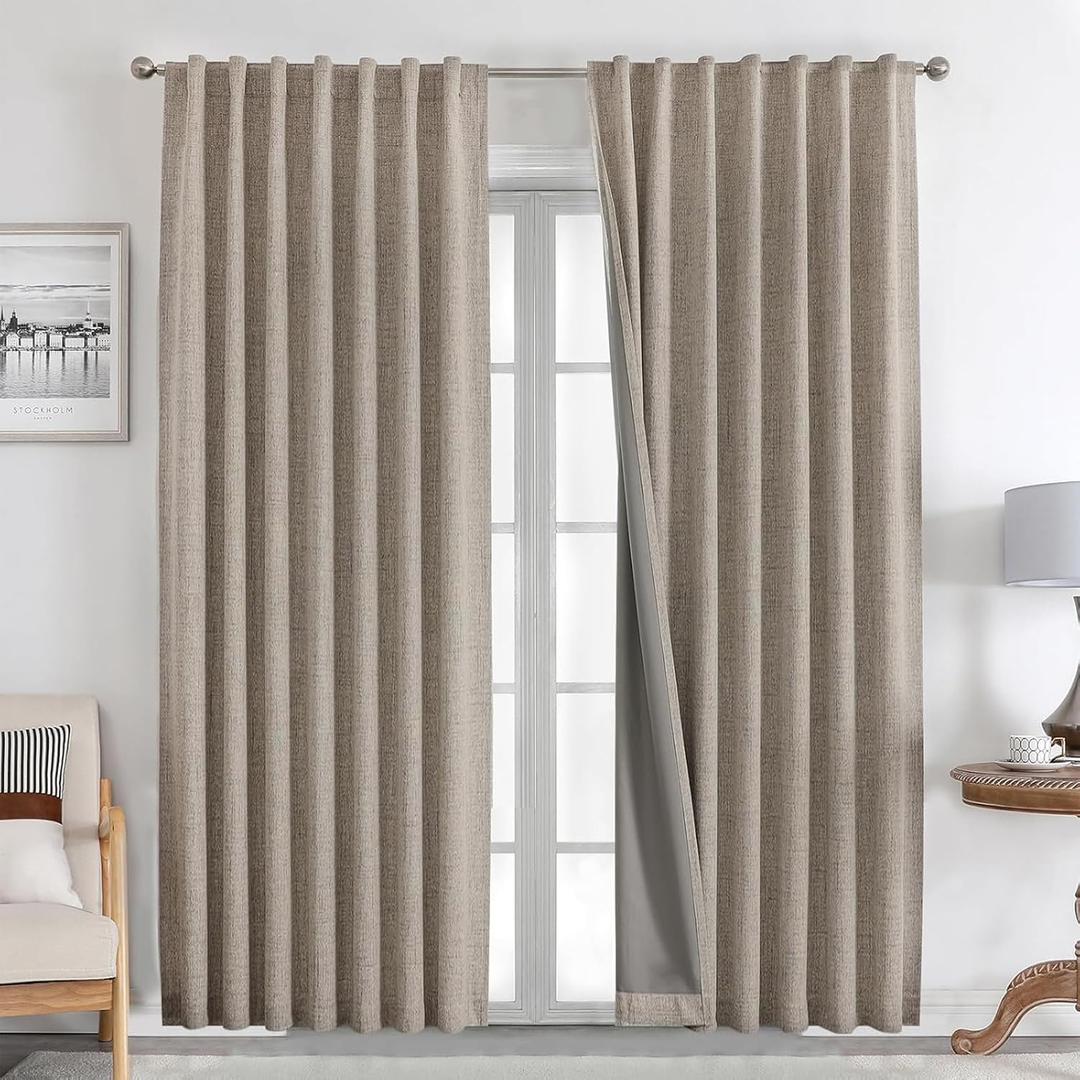 Blackout Curtains for Bedroom - Natural Linen Curtains, Thermal Insulated 100% Blackout Panels Light Blocking Drapes, Rod Pocket & Back Tabs, Darkening Privacy for Living Room 140x280 