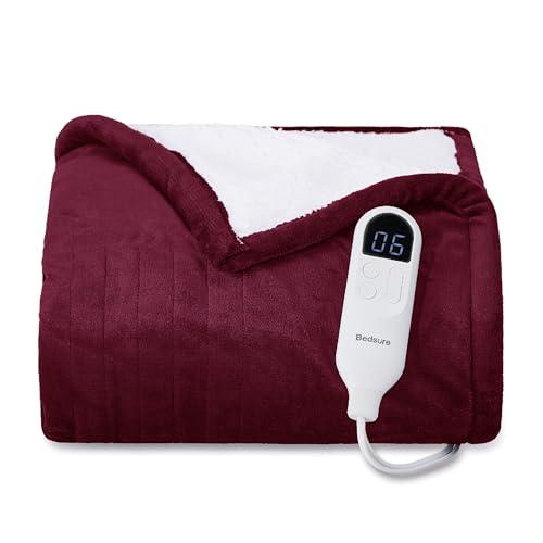 Bedsure Heated Blanket Throw Blanket - Fast Heating Electric Blanket, Soft Flannel Heated Throw with 4 Time Settings, 6 Heating Settings, Warm Gifts for Grandma (50x60 inches, Burgundy)
