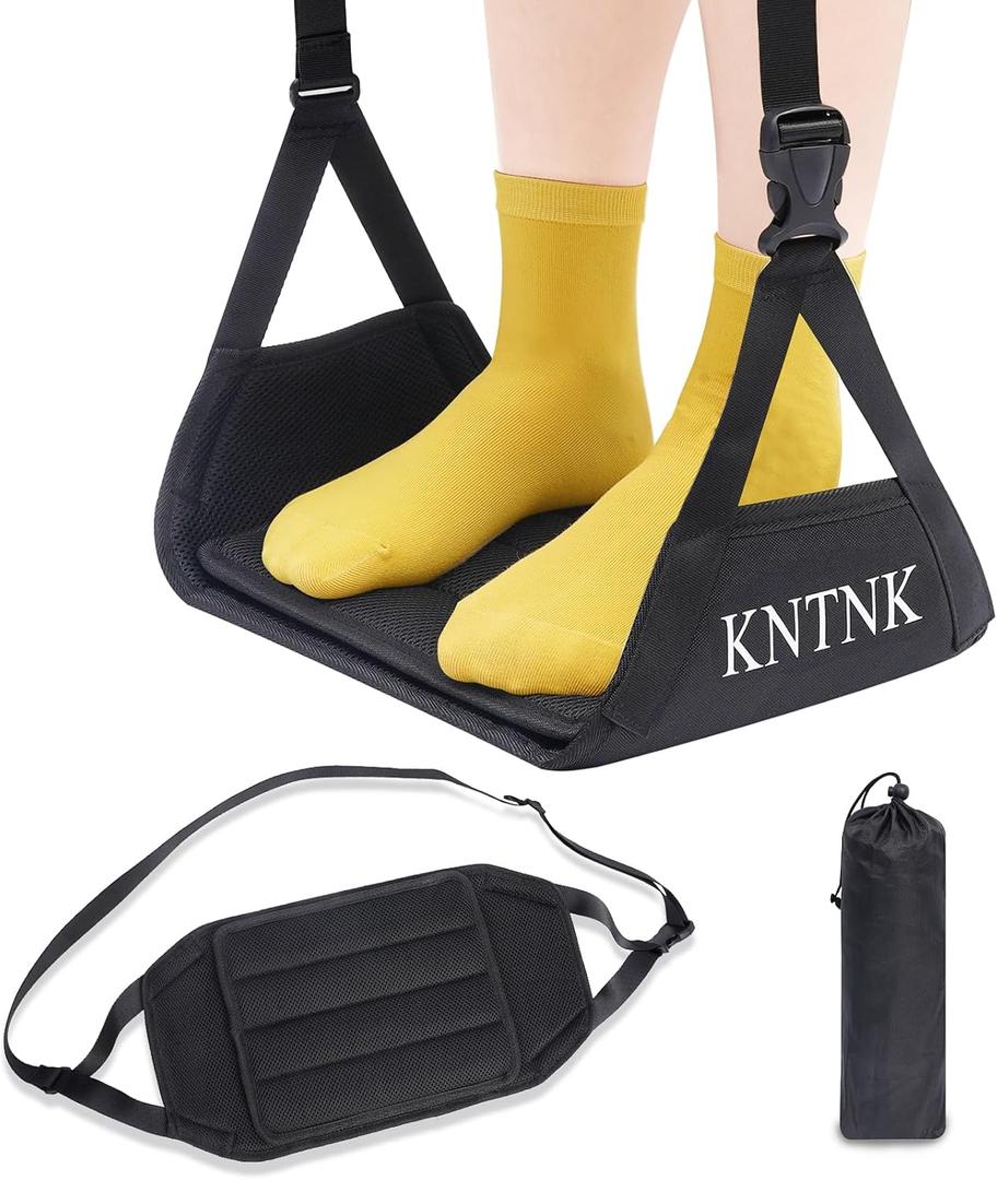 Airplane Foot Hammock, Wide Airplane Foot Rest with Bamboo Board Support, Portable Travel Footrest Essentials, Adjustable Foot Hammock for Long Flight, Foldable & Compact for Easy Storage