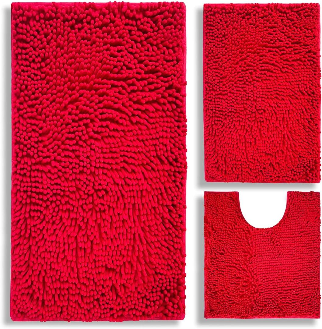 BOANKODU Bathroom Rugs Chenille 3-Piece Extra Soft and Absorbent Shag Bathroom Rugs, Machine Wash Mat, Strong PVC Non-Slip Underside, Plush Carpet Mats (Red) (2'8" x 1'8" (16x24"+20x32"+20x20"U shape)
