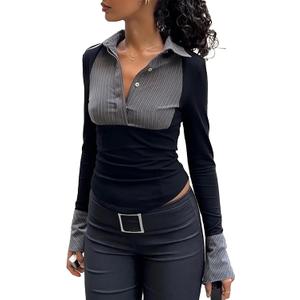 CORIRESHA Women's Fashion Contrast Stripe Shirt Collared Long Sleeve Button Slim Blouse (Black, S)