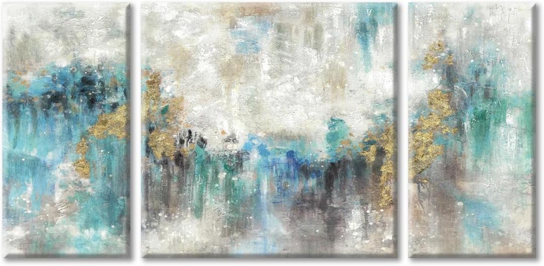 Abstract Painting Teal Canvas Wall Art Turquoise Abstract Textured Gold Foil Artwork For Living Room Wall Art Large Maximalist Home Wall Decor Set12" x 24" x 2 + 24"x 24"x 1