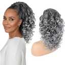 Curly Drawstring Ponytail Grey Curly Yaki Pony Tail Synthetic Salt and Pepper Hair Ponytail Extension for Women(T1B/Gray)