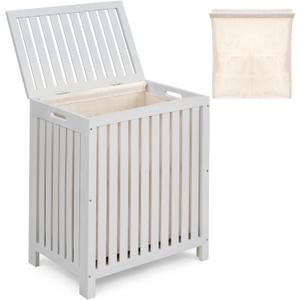 2LB Depot Bamboo Laundry Hamper, White Rectangular Design with Lid, Wood Construction for Durability, Includes Canvas Liner and Two Wooden Rods, Hand Grips for Portability, Functional and Stylish,78L