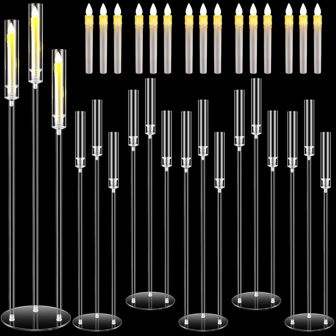 Havawish 6 Set Acrylic Candelabra Centerpieces 3 Arms with 18 LED Candles 42.5'' Floor Tall Candle Holders with Acrylic Shade Wedding Clear Table Candlesticks Stand Fit 0.8'' for Party