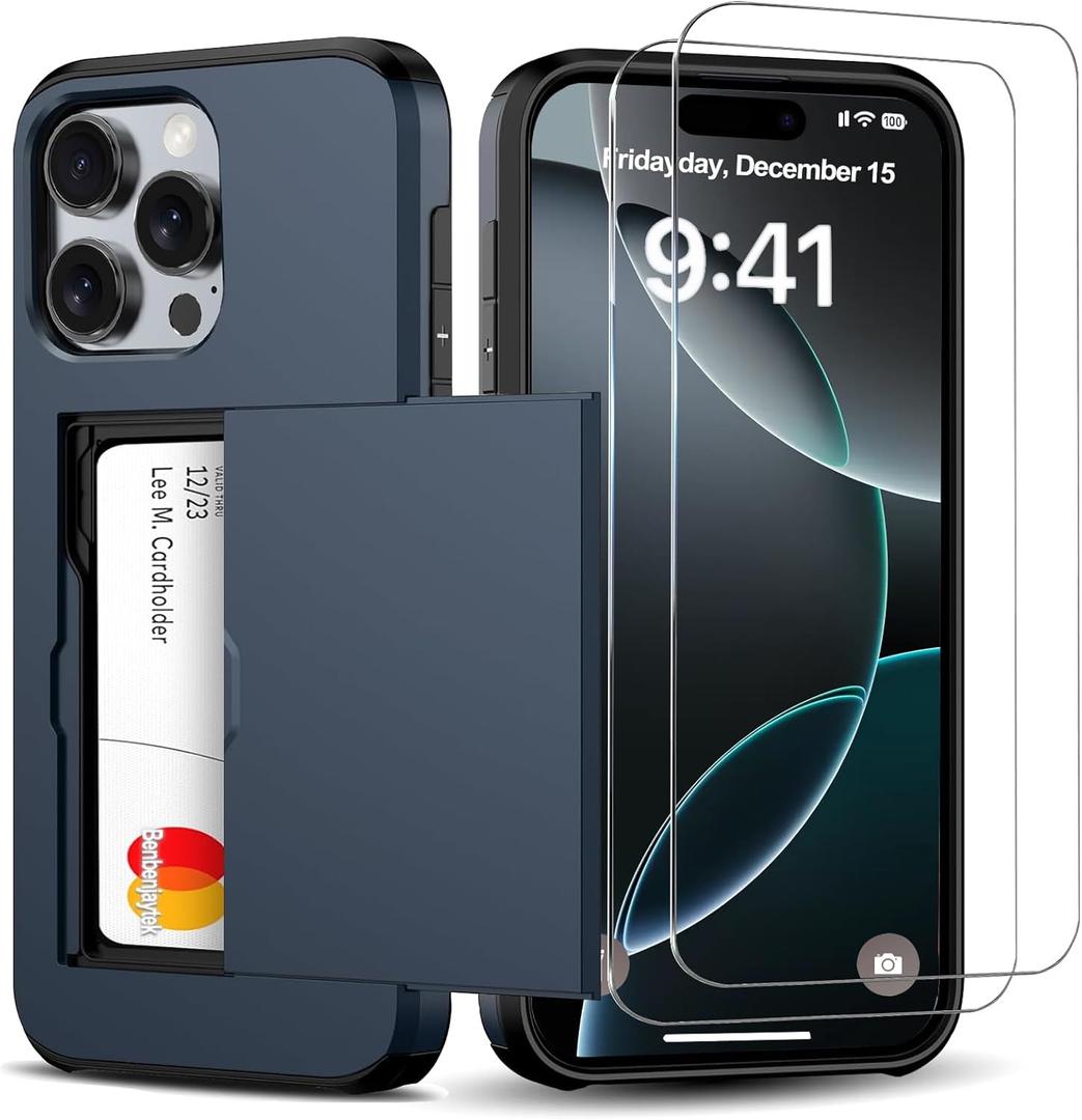 for iPhone 16 Pro Wallet Case with Card Holder + 2 Tempered Glass Screen Protector Protective Shockproof Hidden Card Slot Slim Case Women Men iPhone 16 Pro 6.3 2024 (Blue)