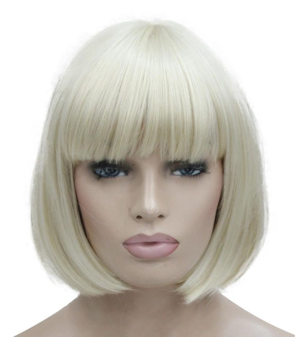 Lydell 8" Straight Short Bob Hair Flat Bangs Cute Central Dot Skin Top Heat Resistant Synthetic Wigs (614 Pale Blonde)
