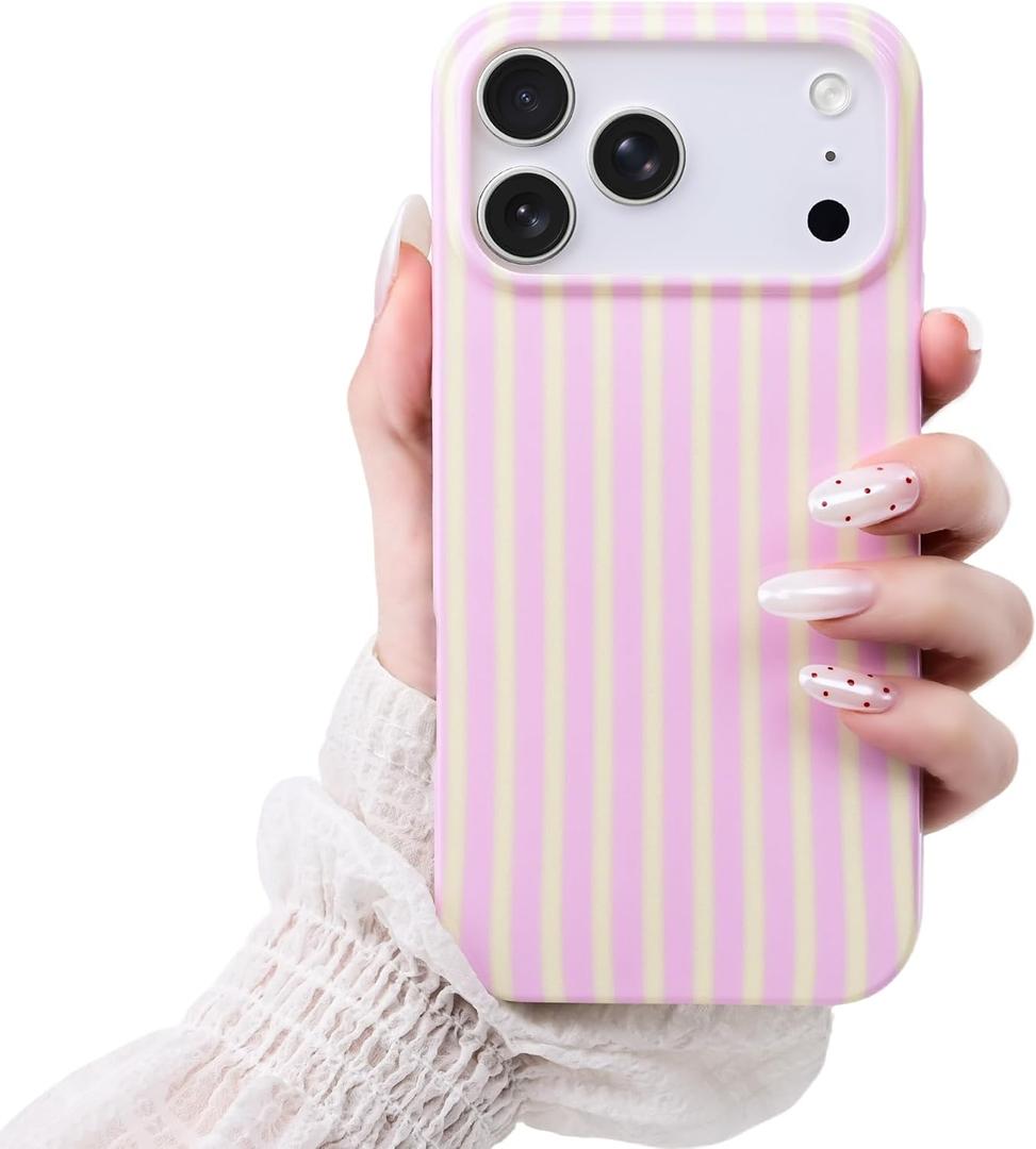 Compatible with iPhone 17 Pro Case,Cute Aesthetic Striped Pattern Cover for Women Girls,Soft TPU Shockproof Protective Stylish Kawaii Case for iPhone 17 Pro 6.3",Pink/Yellow