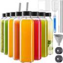 8 Pack 18 oz Glass Juice Bottles with 2 Stainless Straws & 2 Lids w Hole, Reusable Water Bottles for Juicing, Smoothies, Kombucha with Brushes & Airtight Lids for Refrigerator, BPA Free & Leak Proof