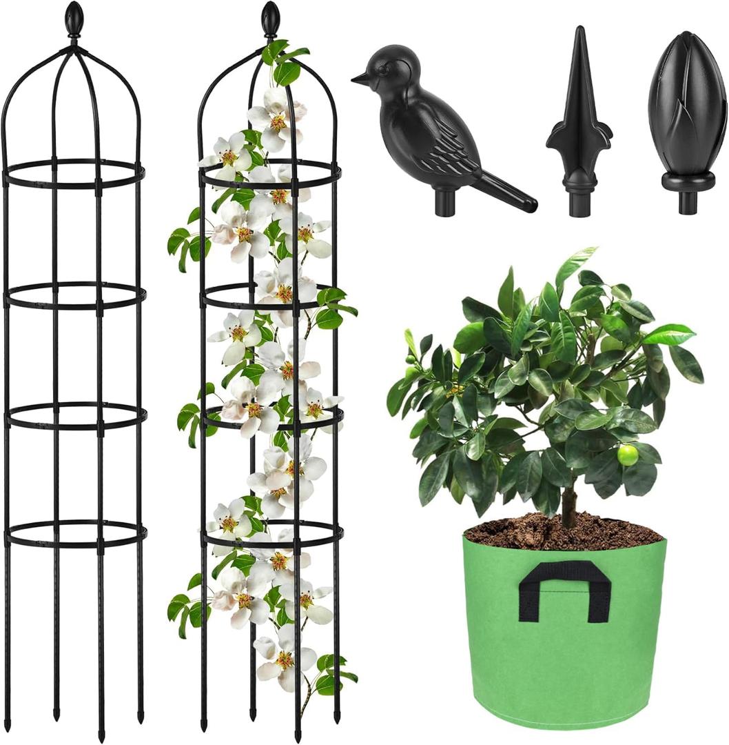 Garden Obelisk Trellis for Climbing Plants Outdoor 6 Ft Rose Bush Round Trellis with Grow Bag for Pots Rustproof Metal Pipe with Plastic Coated Plant Flower Trellises for Clematis Vine Jasmine Support (Black)