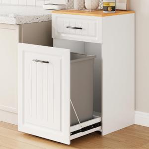 ZIFTY Pull Out Trash Can Cabinet for 13 Gallon Bin, Laundry Hamper, White | Pet Proof, Freestanding Kitchen Cabinet, Hideaway Drawer, Wooden Garbage Recycling, Modern Farmhouse Waste Bin Furniture