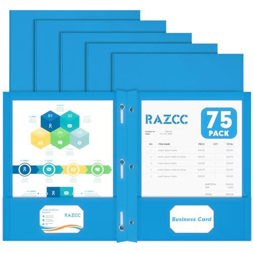 Two Pocket Folders, RAZCC 75 Pack Two Pocket Folders with Prongs, 3 Prong Folders Fit Letter Size Paper, Pocket File Folders for School Office Home Business, Blue