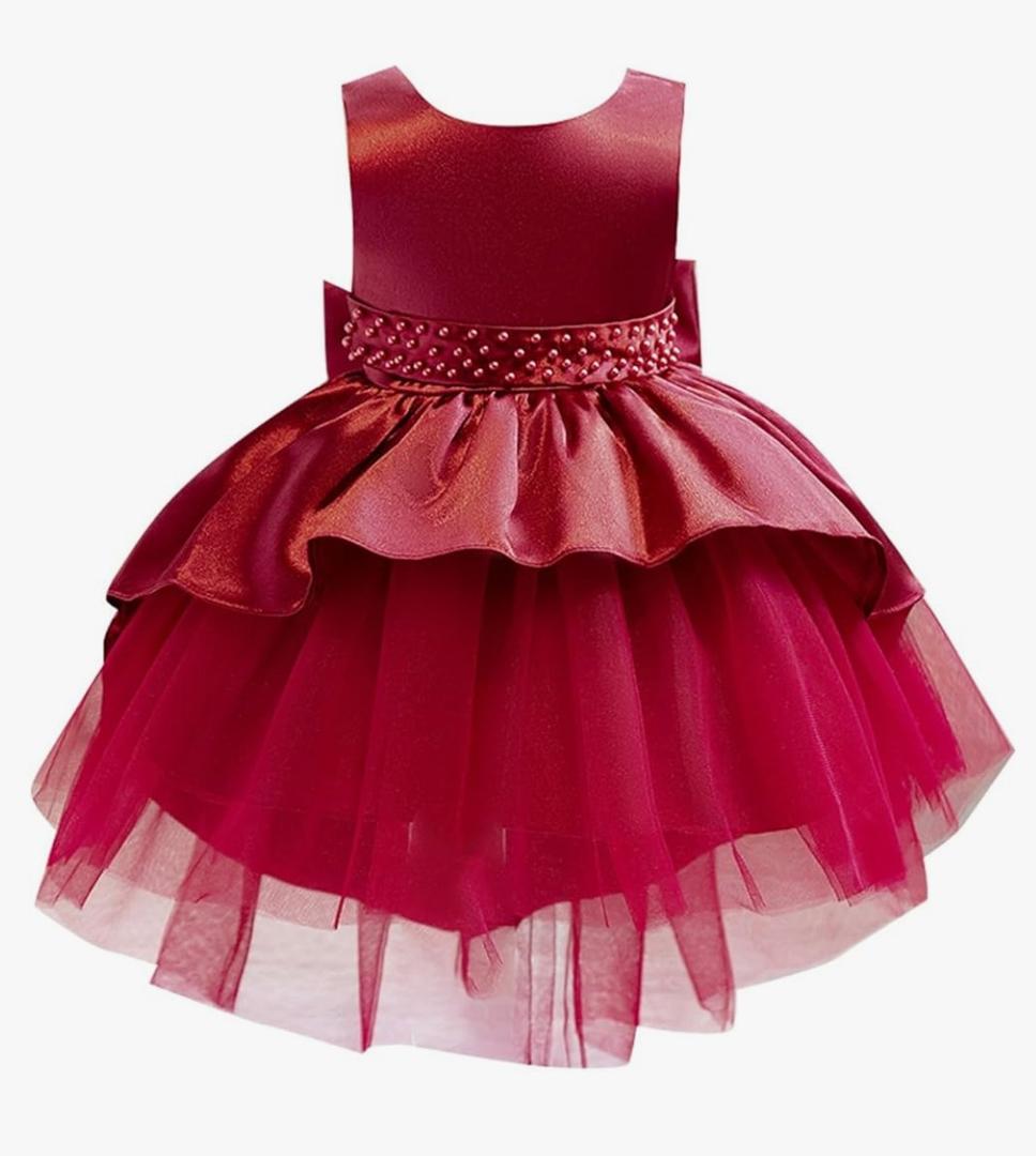 Girls Party Dresses Beaded Tail Hem Princess Gown for Wedding Celebration Flowy Tulle Dress with Bow