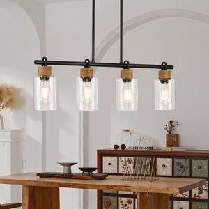 RTCTE Black Pendant Lights Kitchen Island, Farmhouse Chandeliers for Dining Room, Linear Island Lights with Jute Rope & Clear Glass Shades(Black 4 Light)