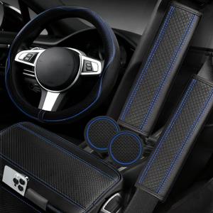NBTEPEM 6 PCS Car Steering Wheel Cover Set, Microfiber Leather Steering Wheel Covers Universal 14.5-15 inch, Center Console Cover, Seat Belt Cushion, Cup Holder Coaster, Car Accessories Set Blue