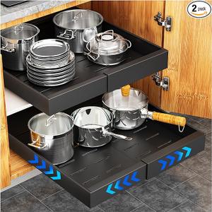 YFXCVSL Pull Out Cabinet Organizer, 21" Deep Expandable(12.6''-20.5'') Pull Out Drawers for Cabinets, Slide Out Cabinet Organizers with Adhesive Nano Film for Kitchen Cabinet Organization (Black)