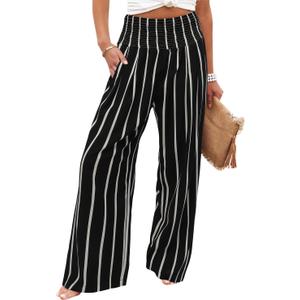 Angerella Womens Casual Palazzo Wide Leg Pant with Pockets Comfy High Waist Baggy Loose Black Stripe Pants Plus Size 3XL