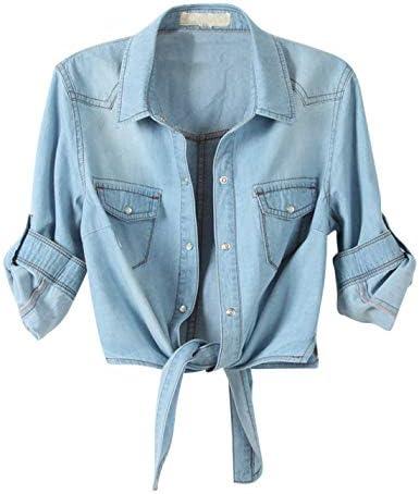 AMEBELLE Women's Roll Up 3/4 Sleeve Tie Front Knot Shirt Chambray Denim Crop Top, Small