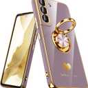 for Samsung Galaxy S22 5G Case, 360 Rotatable Ring Holder [Luxury Hearts Pattern] Plating Gold Edge Slim Soft Phone Cover Case for Galaxy S22 - Light Purple