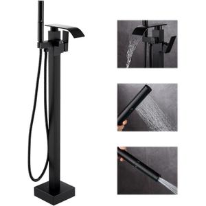 Waterfall Freestanding Bathtub Faucet, Floor Mount Bathroom Tub Filler Shower Faucets with Handheld Sprayer, Matte Black