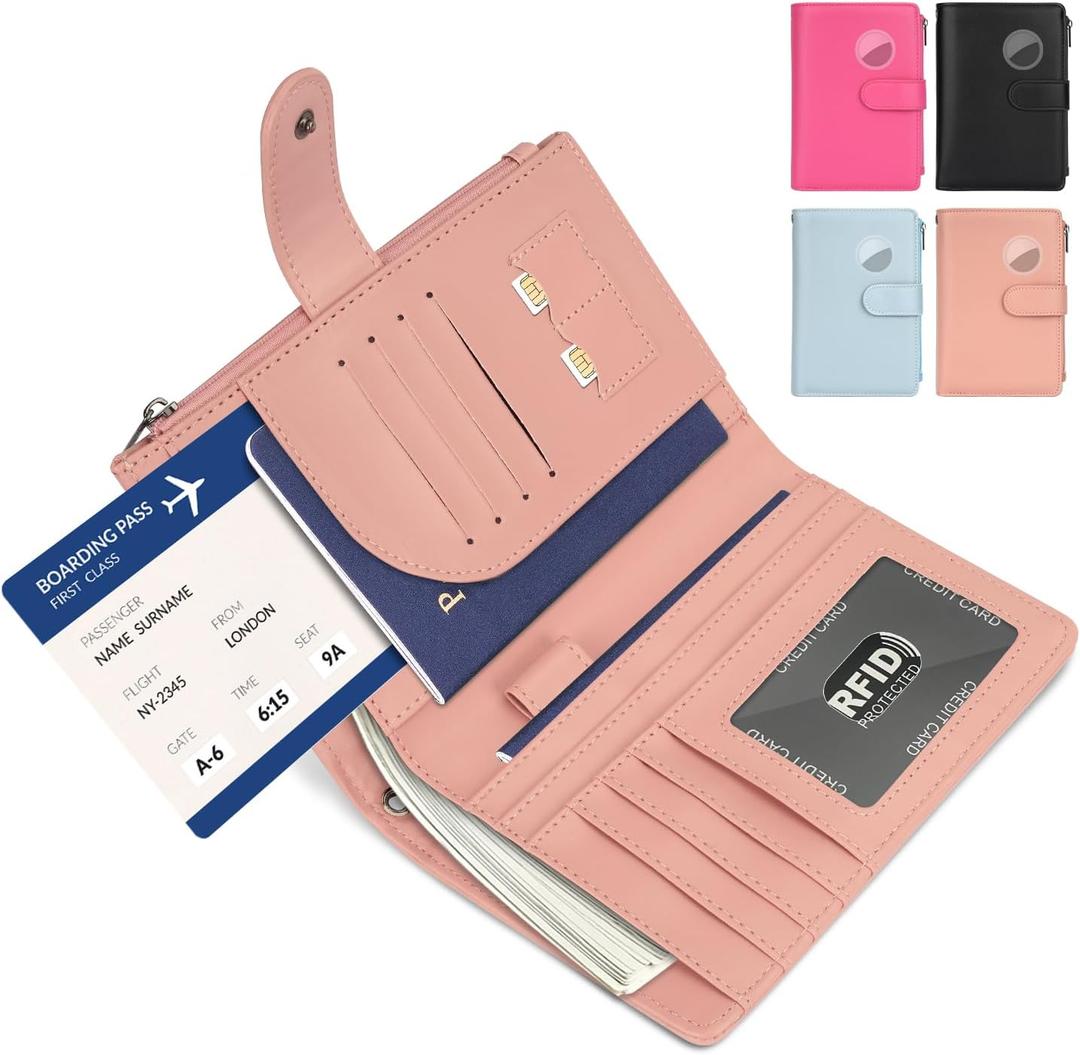 RFID Passport Holder for Women/Men Travel Gift, Large Capacity Passport Wallet, Family Travel Documents Organizer with Card/Airtag Slots, Zipper coin pocket, Cash Holder Passport Cover Case(Baby Pink)