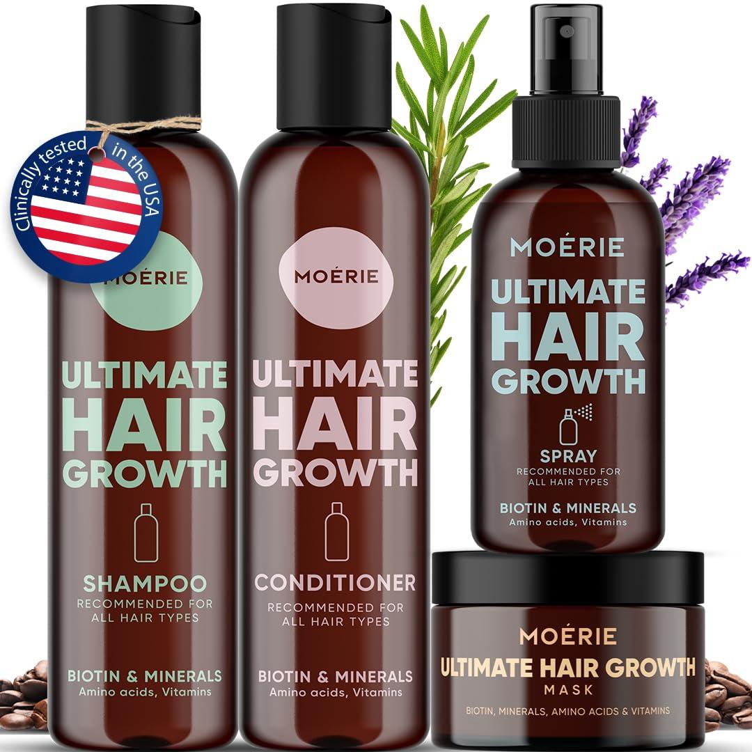 Moerie Shampoo and Conditioner Plus Hair Mask and Spray Mega Pack  The Ultimate Growth Care  For Longer, Thicker, Fuller Hair - Volumizing Products  Paraben & Silicone Free (Set of 4)