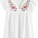 Floerns Women's Floral Embroidered V Neck Ruffle Cap Sleeve Peplum Blouse Top (Large)