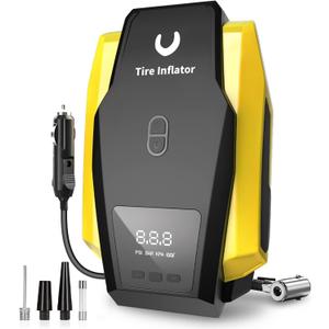 Tire Inflator Portable Air Compressor - Air Pump for Car Tires - 12V DC Tire Pump with Auto Shutoff Function & LED Light for Cars, Bicycles, Motorcycles, Yellow, Large