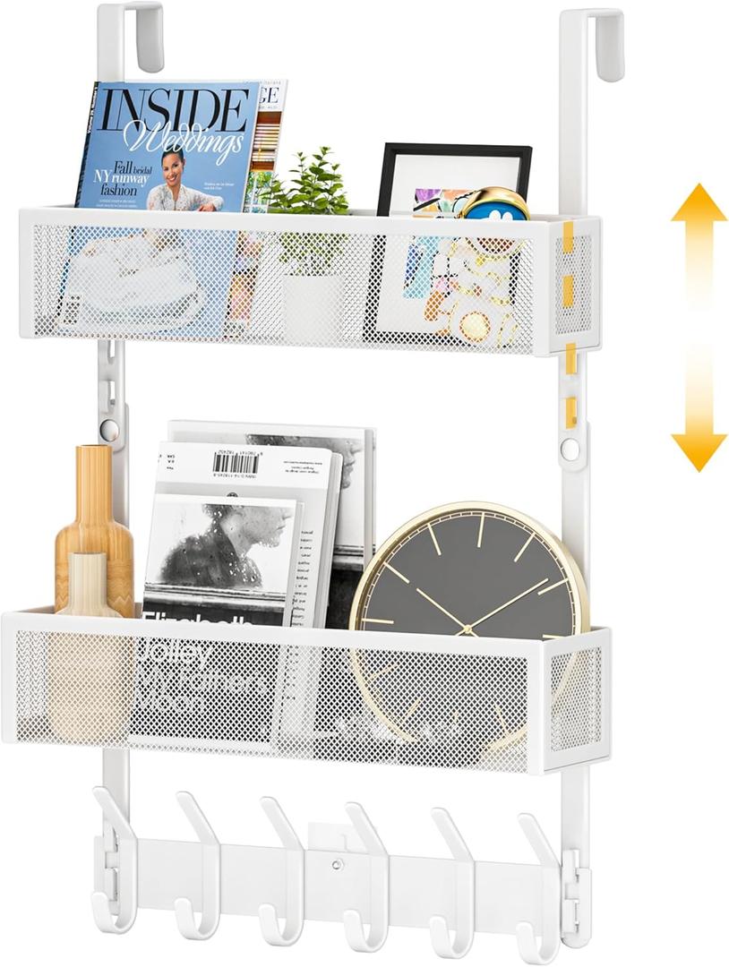 LUCYCAZ Adjustable Over The Door Hooks Organizer, Hanger Storage with 10 Coat Hooks & 2 Mesh Basket, Over The Door Towel Rack Organizer for Bathroom, Bedroom, Kitchen (White)