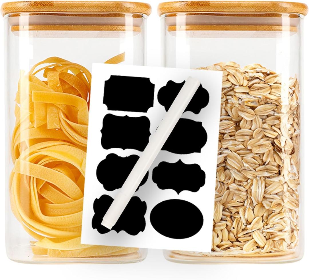 Set of 2 Glass Food Storage Jars 37OZ with Bamboo Airtight Lids - Borosilicate Glass Jar with Airtight Lids, Candy jar, BPA Free Glass Storage Containers for Dry Food Storage, Pasta Rice Flour Sugar