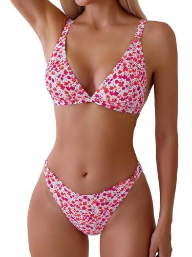 ZAFUL Women's 2 Piece Floral Print Swimsuit Triangle String High Cut Bikini Sets Bathing Suit (1-Red Multicolor,M) US6 ZAFUL Women's 2 Piece Floral Print Swimsuit Triangle String High Cut Bikini Sets Bathing Suit (1-Red Multicolor,M) US6