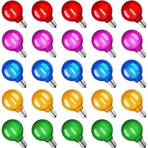 Brightown 25 Pack Multicolor G40 LED Christmas Replacement Light Bulbs, UL Listed, 1 Watt E12/C7 Candelabra Base Plastic Shatterproof LED Globe Edison Bulbs, Easily Screw in Strings Spools Strands