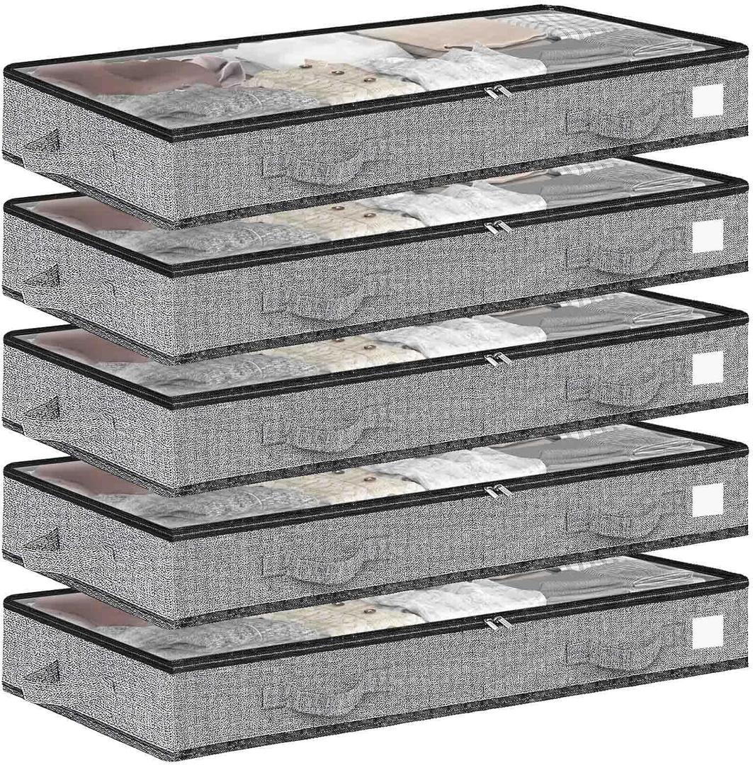 5Pack under bed storage Transparent plastic visual window containers Below bins 4.5 Inches Low Profile Under Organizer Clothes bag with Sturdy Sidewalls and Bottom