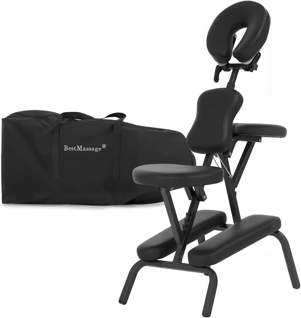 BestMassage Portable Massage Chair Foldable Tattoo & Spa Chair with Adjustable Face Cradle, High-Density Cushion, Lightweight Frame & Carry Bag, Black, 18 Inches X 22 Inches X 46 Inches