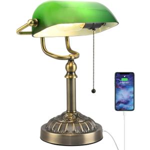 Green Glass Bankers Desk Lamp, Vintage Desks Lamp with USB Charging Port, Traditional Banker's Lamp, Mid Century Desk Lamp Pull Chain for Home Office Library