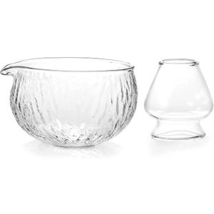 Matcha Bowl and Whisk Holder Set, Glass Matcha Bowl with Spout, Ceremonial Mixing Chawan, Clear Traditional Japanese Matcha Kit for Tea/Matcha Powder/Soup - Hammer Pattern