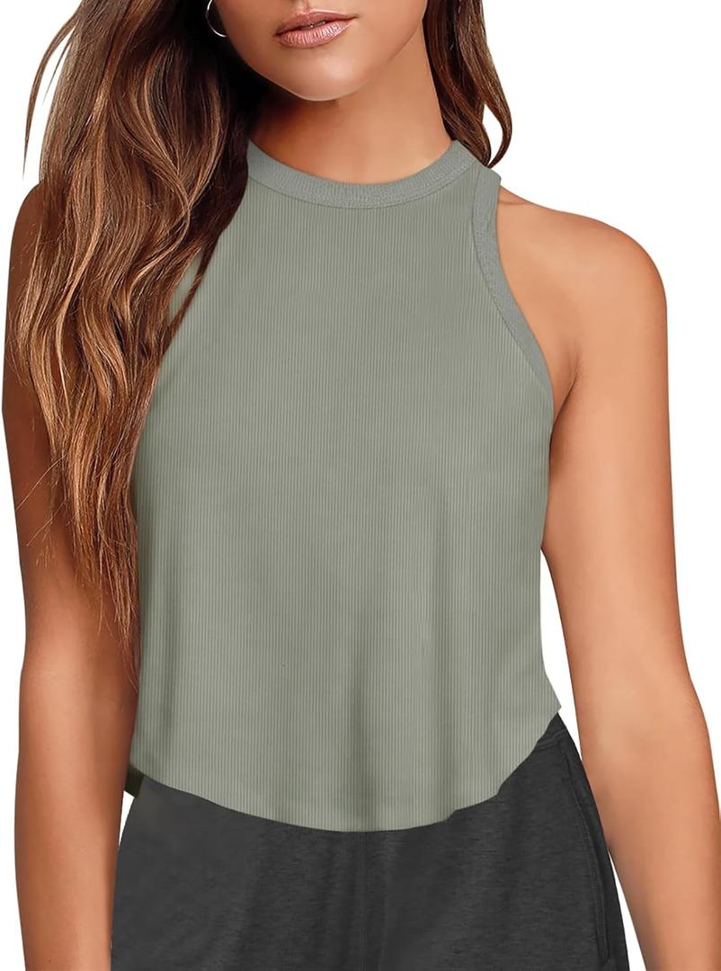 LASLULU Womens Crop Tops Sleeveless Workout Tops Halter Neck Flowy Athletic Shirts Cropped Tank Muscle Tank (Gray, L)