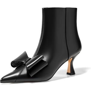Coutgo Womens Low Kitten Heel Ankle Boots Rhinestone Bow Pointed Toe Side Zipper Dress Fall Booties Shoes (9.5, Black)