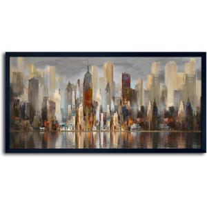 Framed Wall Art Large Cityscape New York Wall Decor Canvas Prints Abstract Brown City Theme Paintings Modern Canvas Wall Art for Living Room Bedroom Big Size 29"x58" Black Framed